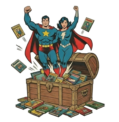 The Comic Cache logo featuring a treasure chest overflowing with comic books